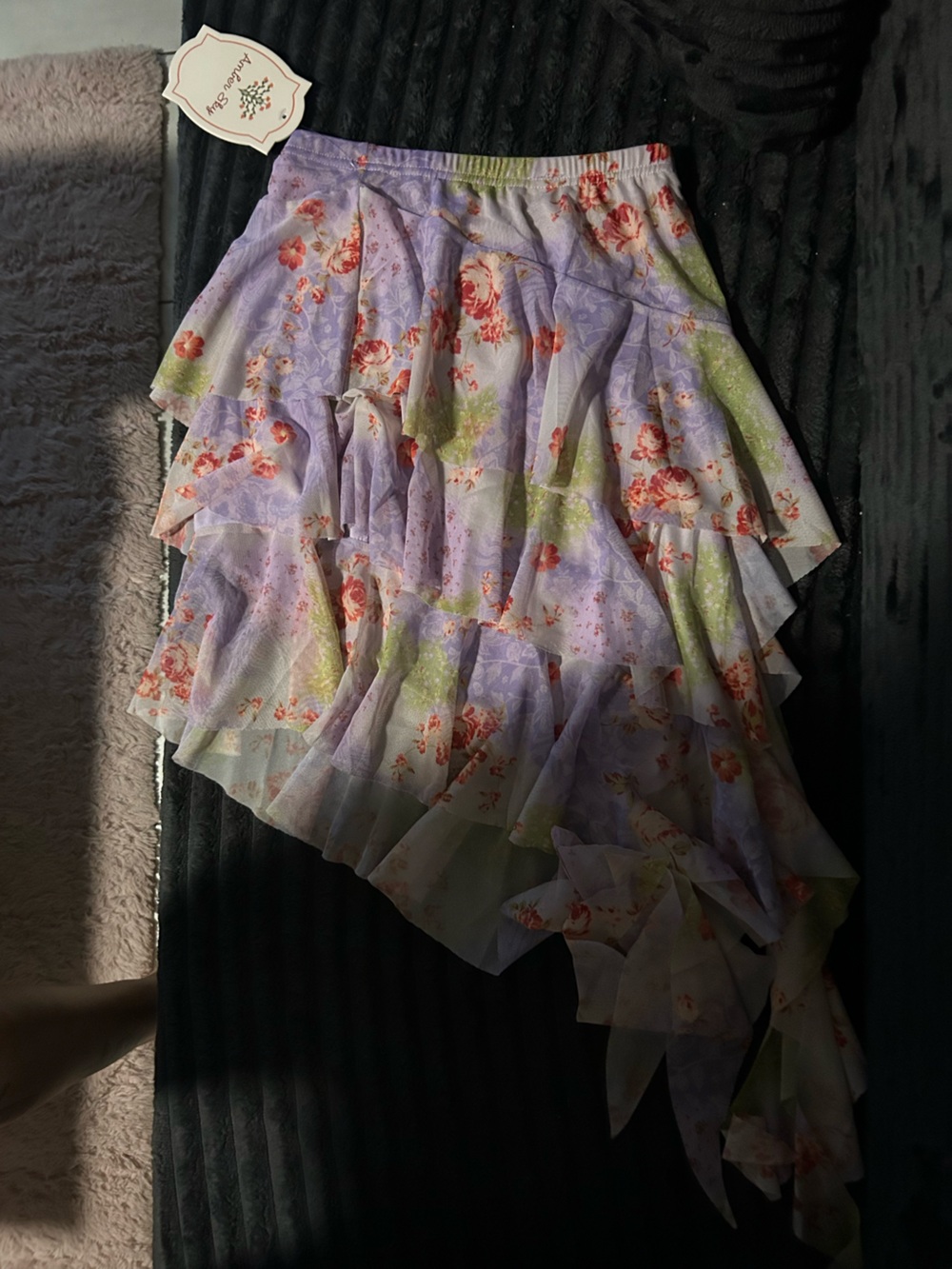 Lavender Floral Ruffled Asymmetric Midi Skirt with Green Accents